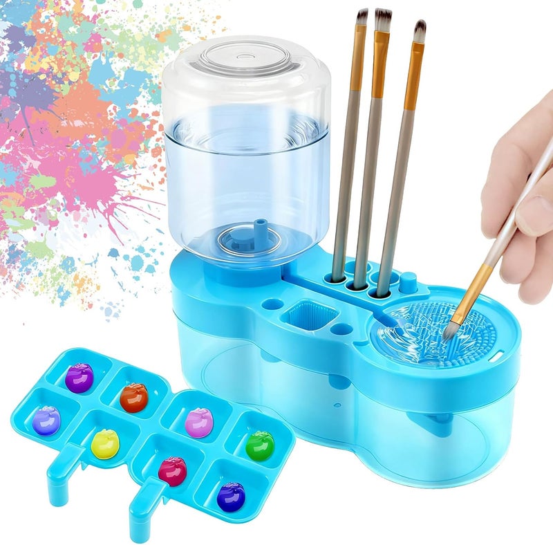 KarHoeGern Paint Brush Cleaner for Kids Water Circulation Paint Brush with Drain Paint Water Dispenser with Palette Brush Holder Paint Brush Washer for Acrylic Painting Watercolor Art Supplies(blue) - Image 1